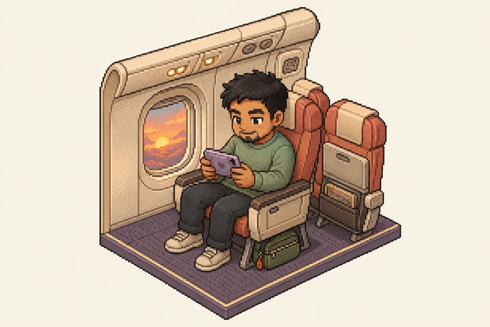 Ilustrasi piksel pemain handheld: di perjalanan
